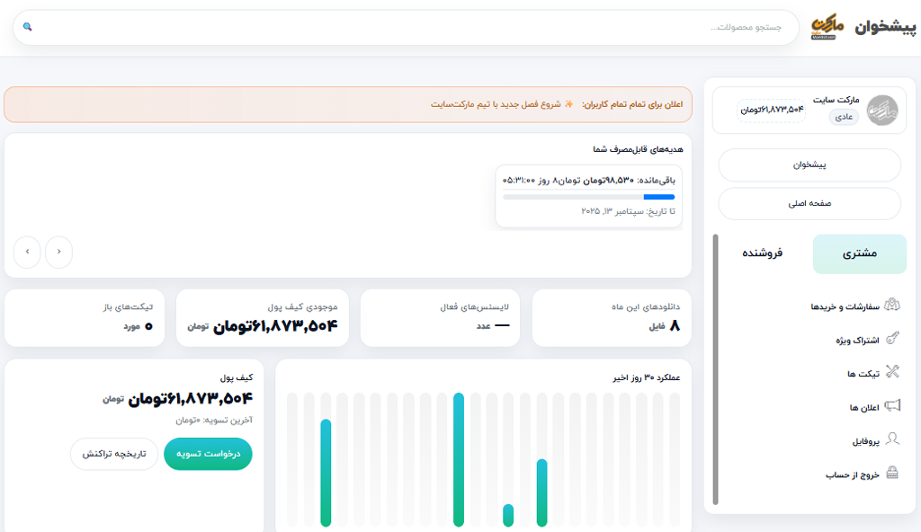 پنل کاربری جدید قالب مارکت ام ال ام