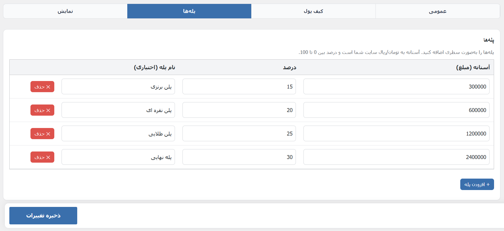 تنظیمات کش بک تب پله ها